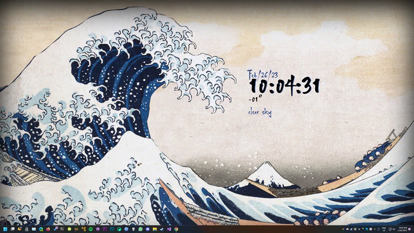 Japanische Wellenkunst mit Live-Uhr-Widget-Overlay