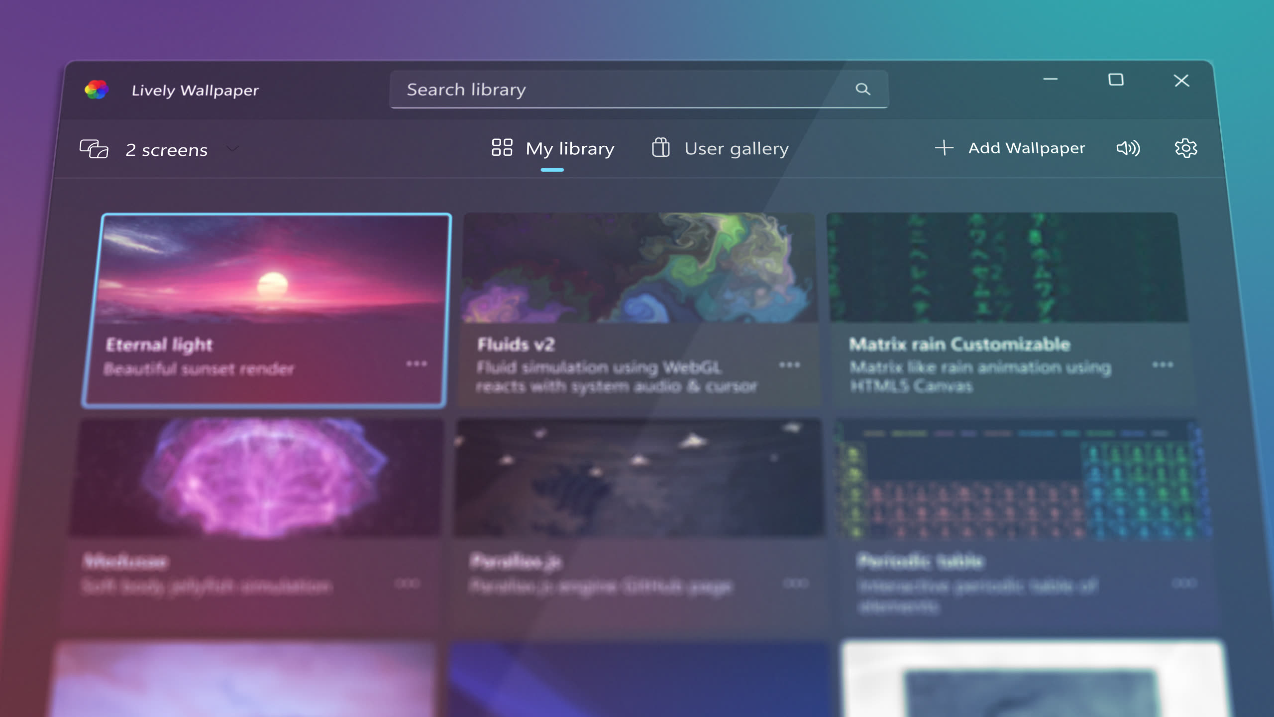 Интерфейс приложения Lively Wallpaper с библиотекой обоев, поиском, категориями и анимированными превью