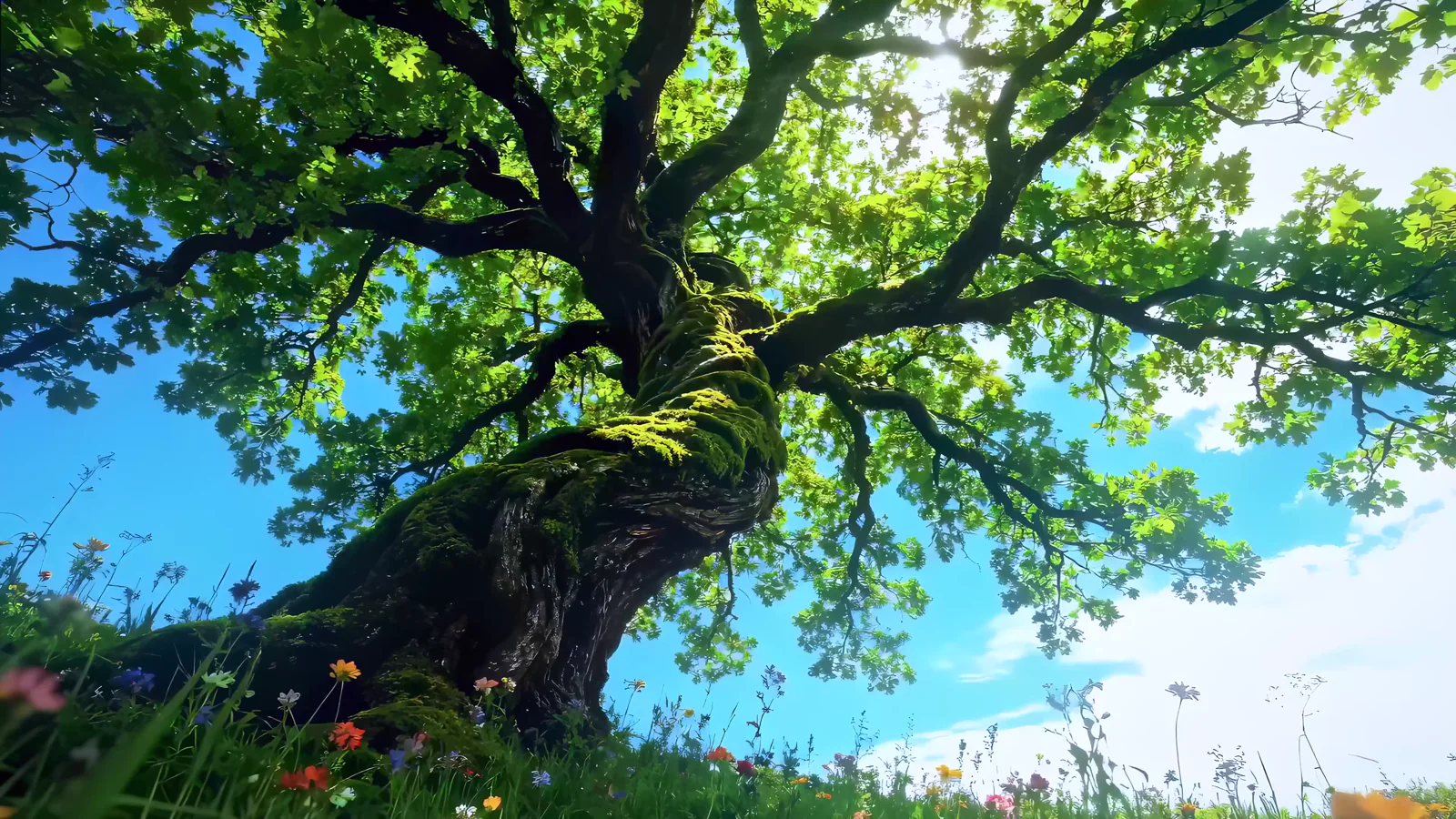 Ancient green tree with twisting branches above a mossy slope