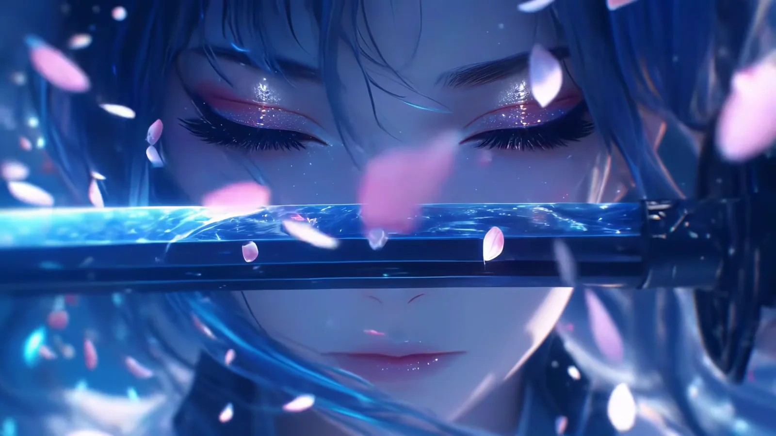 Blue-eyed anime girl reflected across a horizontal sword blade