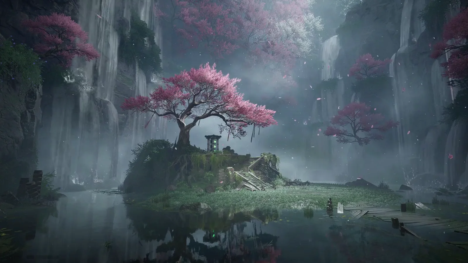 Arknights Endfield sanctuary among sakura and cliffs