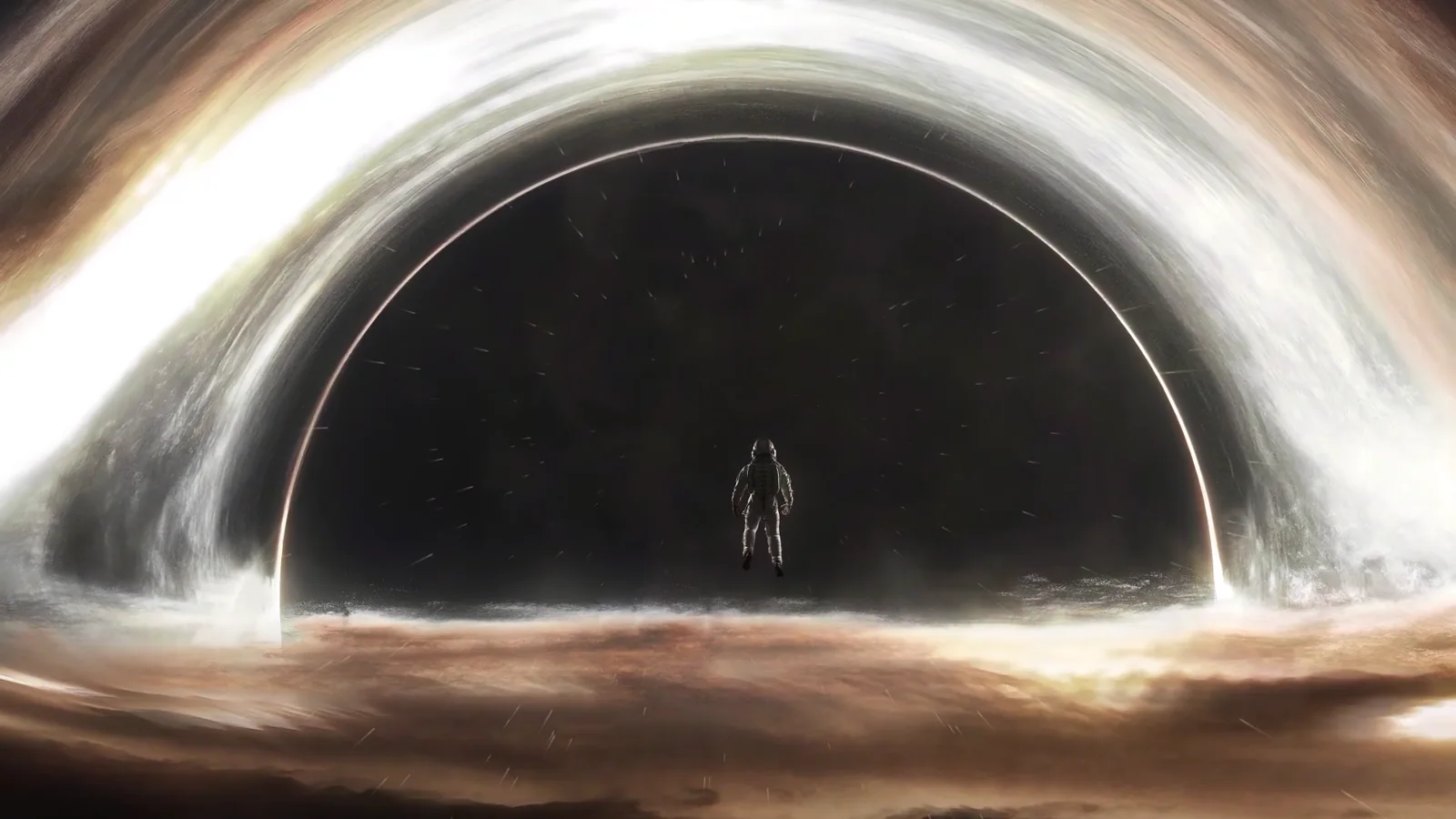 Small astronaut facing an enormous glowing black hole