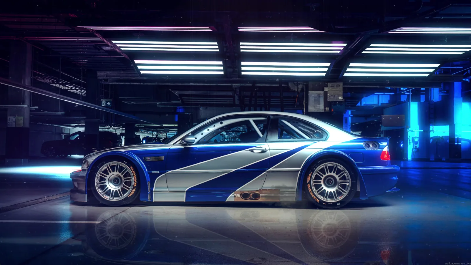 BMW M3 GTR from Need for Speed Most Wanted in a cyan-lit garage