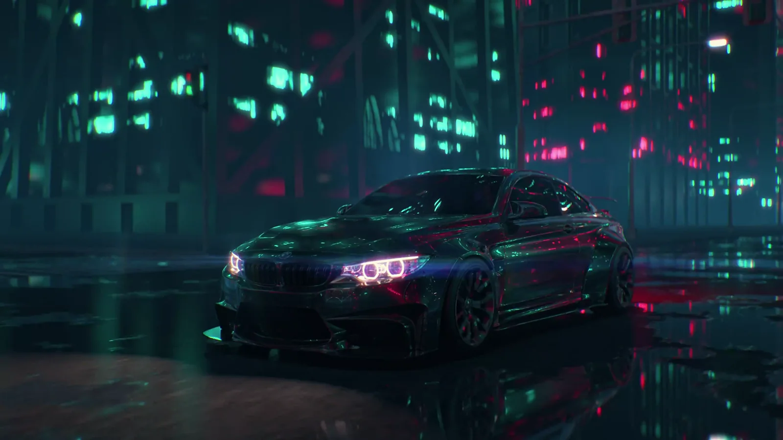 Black BMW M4 Liberty Walk on a neon street