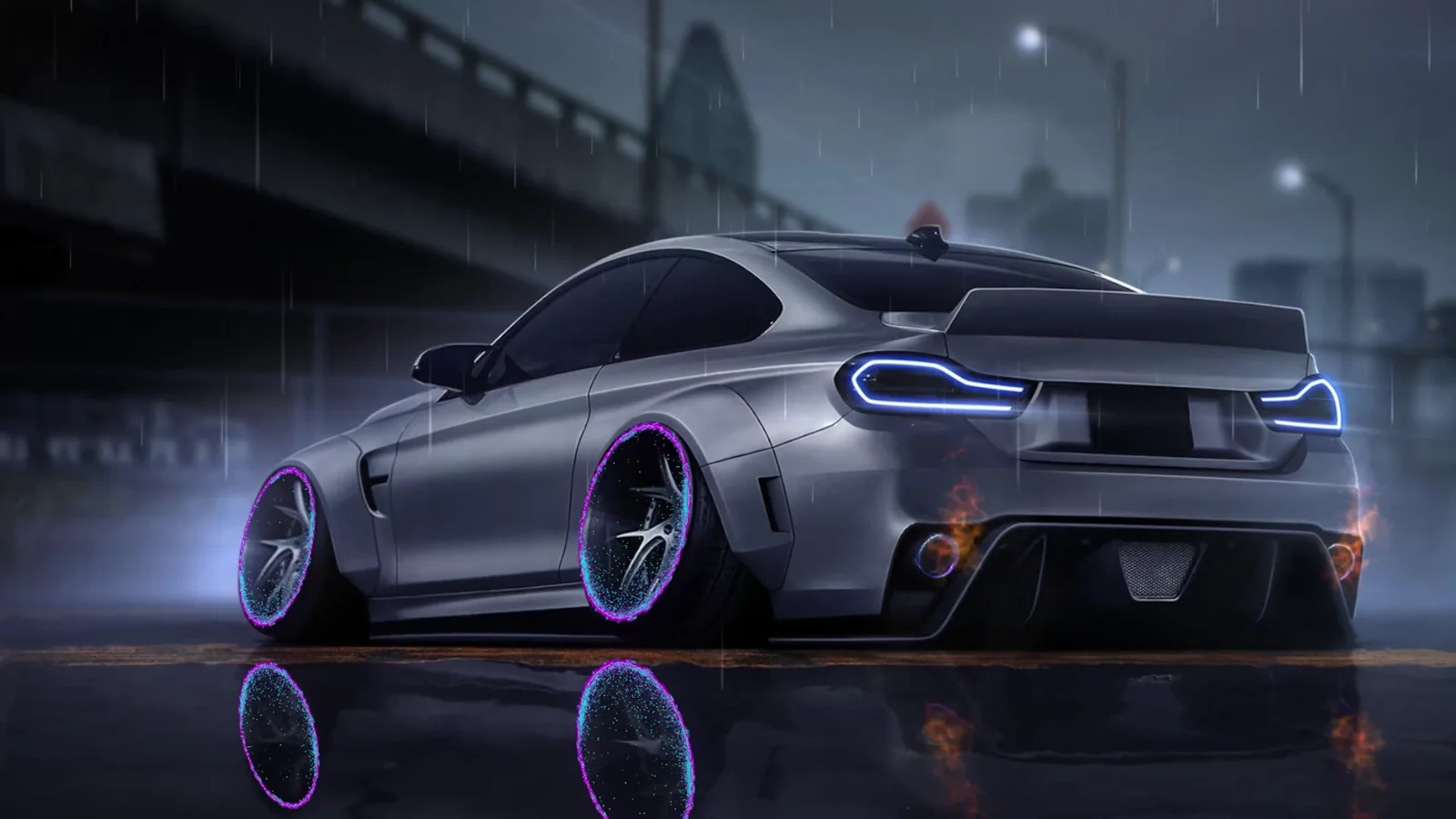 Silver BMW M4 with violet wheel accents driving beneath overpasses