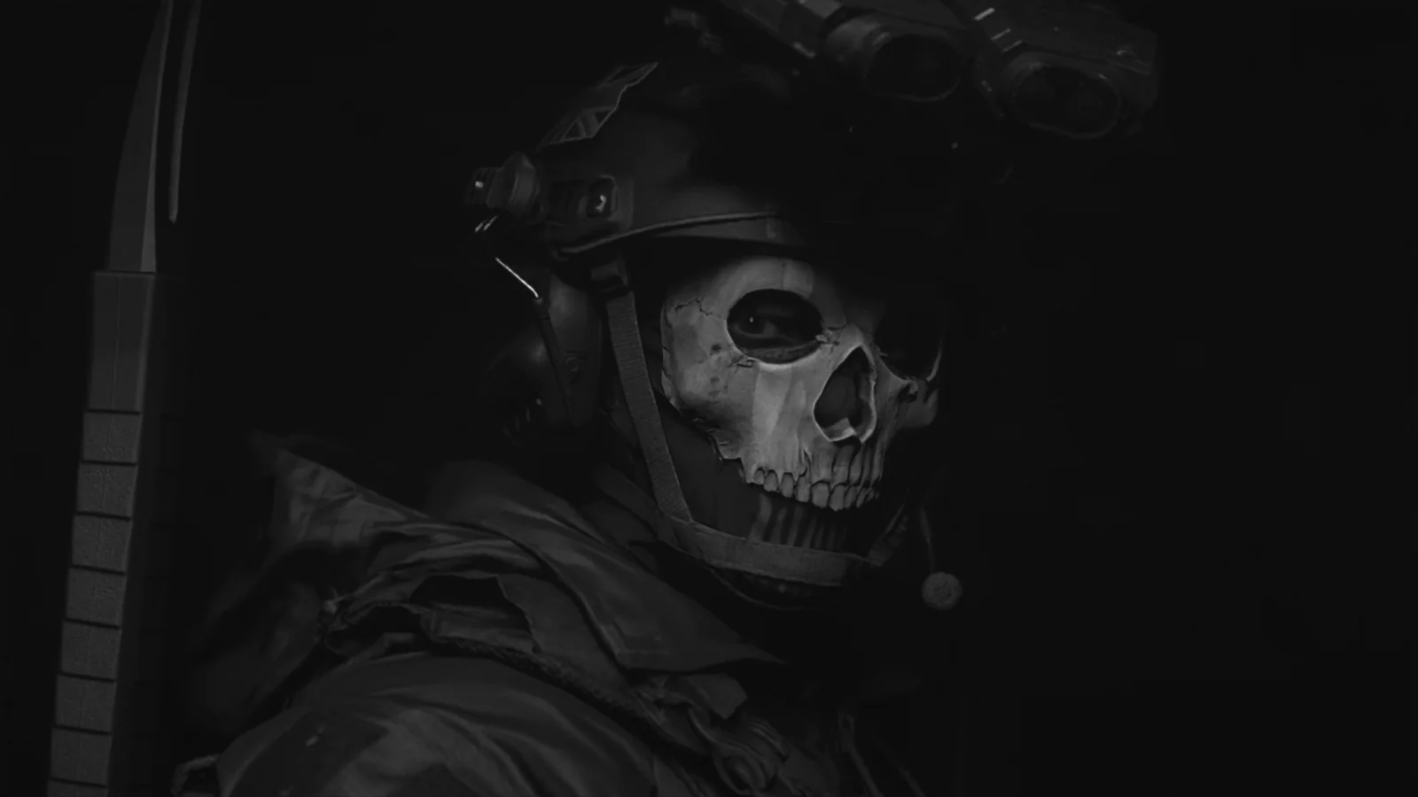 Call of Duty Ghost operator wearing a skull-pattern mask in shadow