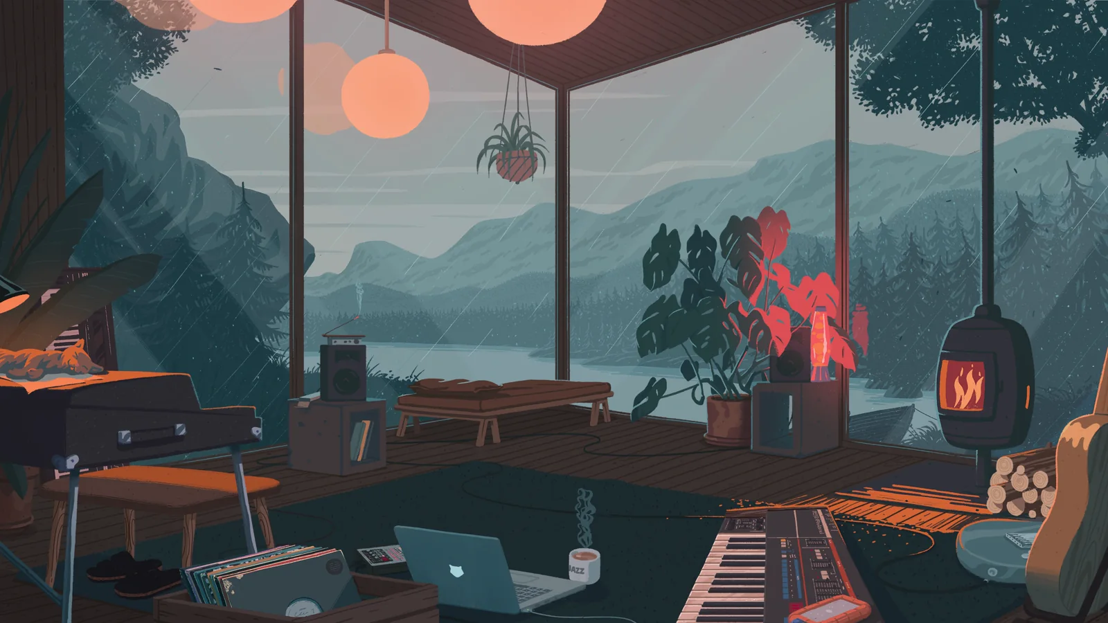 Warm glass café with a reader overlooking a rainy blue-green forest