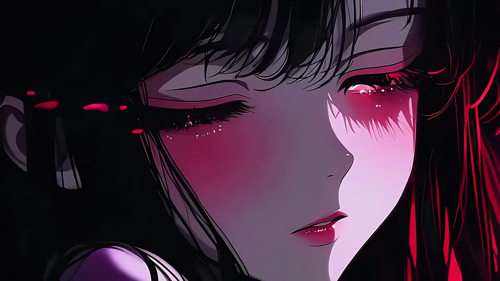 Pale anime face with luminous crimson eyes and black hair