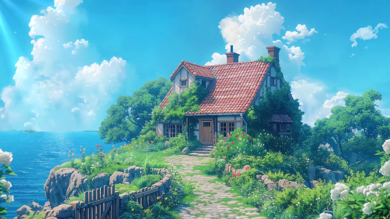 Red-roofed anime-style cottage on a lush hillside beneath white clouds