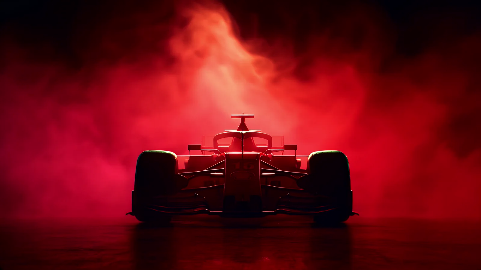 Rear view of Ferrari F1 car in red smoke