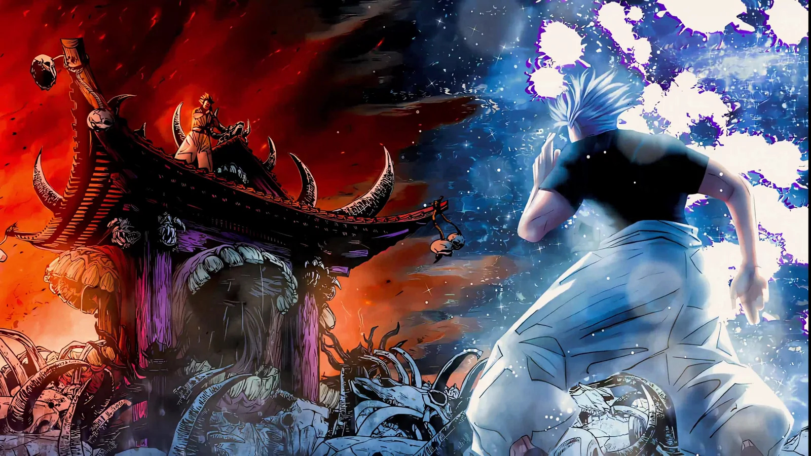 Gojo and Sukuna facing across opposing energy