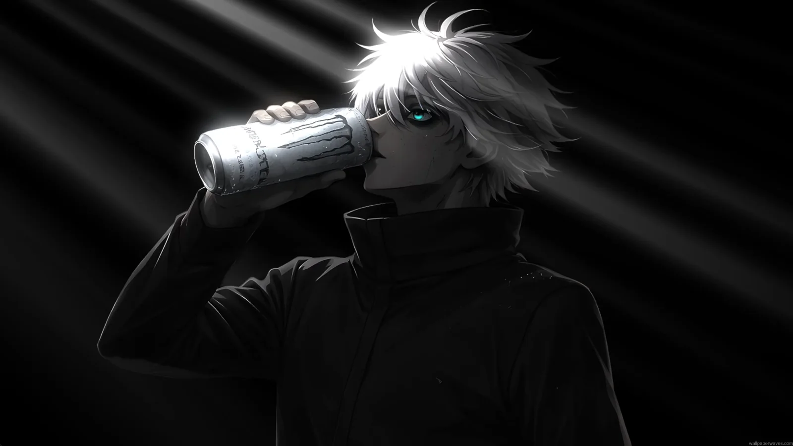 Monochrome Gojo drinking Monster beneath bright silver hair