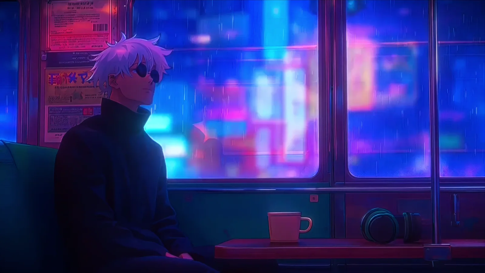 Gojo Satoru seated inside a neon-lit train