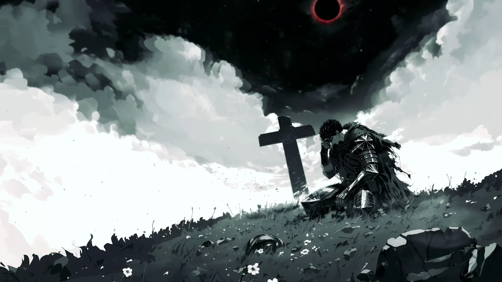 Guts beside a massive sword in a misty monochrome graveyard