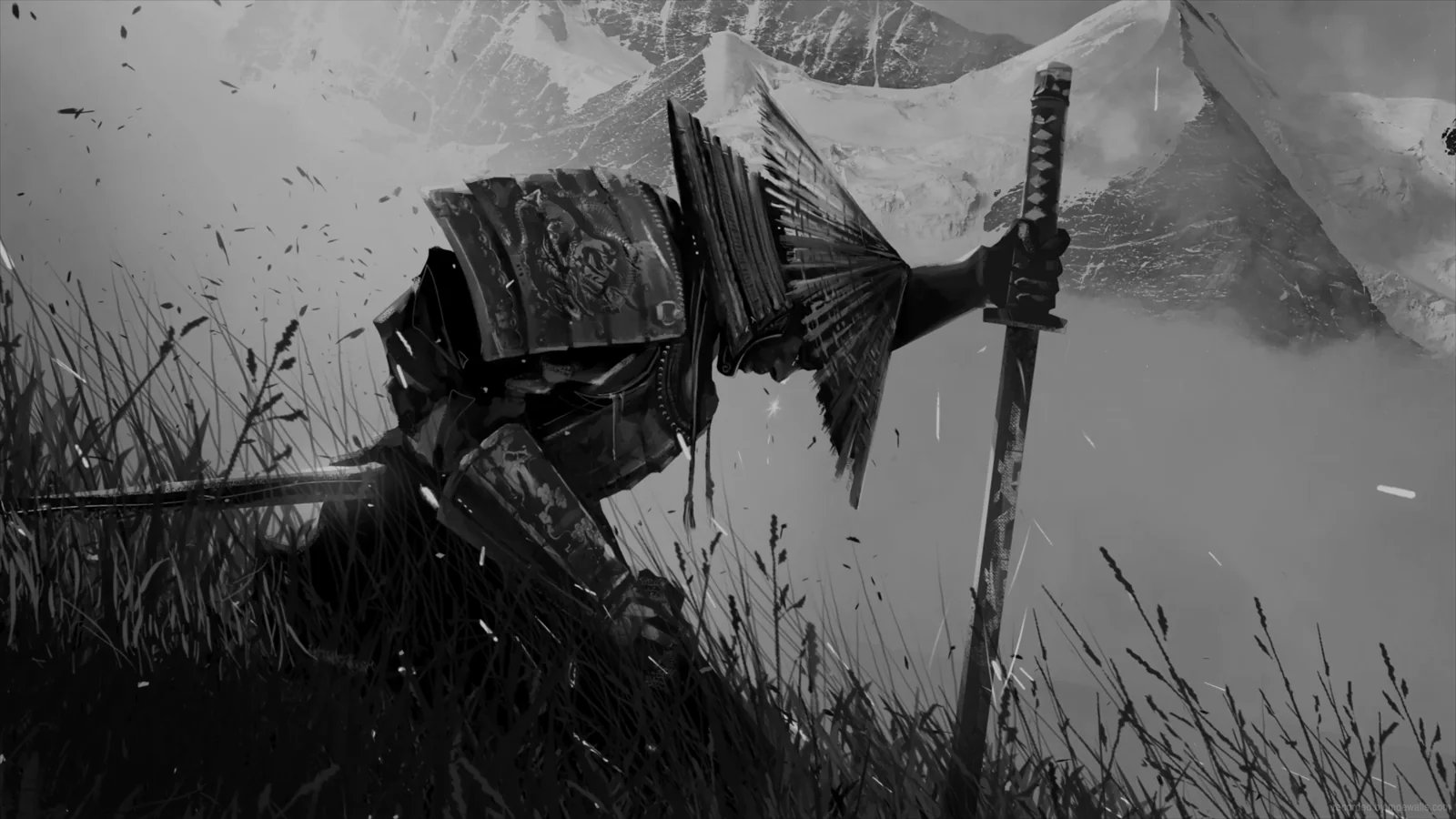 Monochrome samurai surrounded by black ink and mist