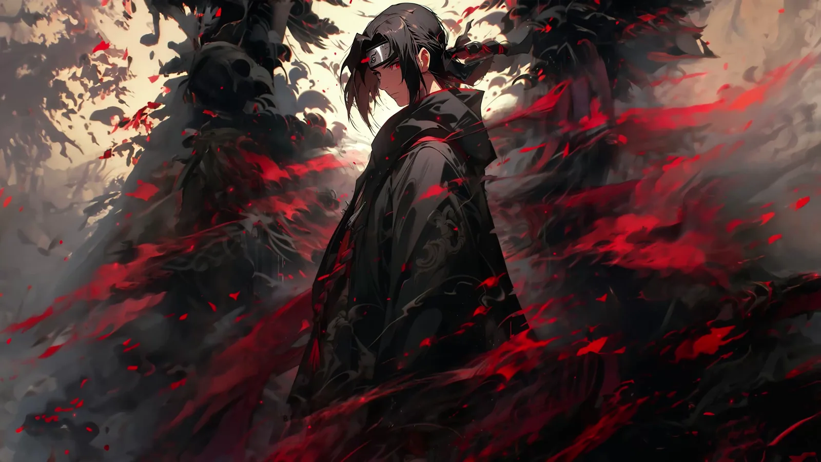 Itachi Uchiha surrounded by crimson streaks and dark smoke