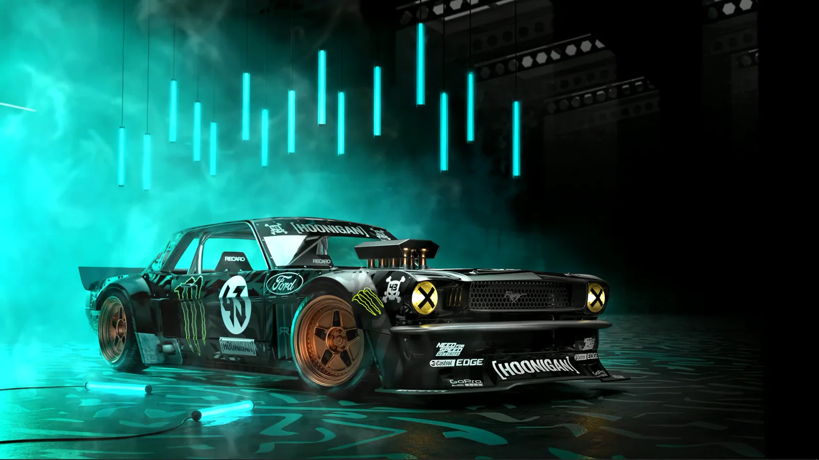 Ken Block’s Hoonicorn Mustang amid cyan light bars and turquoise haze
