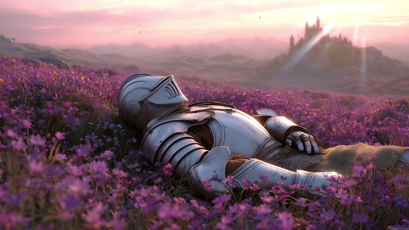 Armored knight resting in a purple flower field beneath pink haze