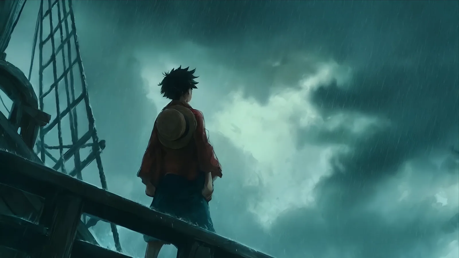 Luffy facing towering storm clouds from a ruined rooftop