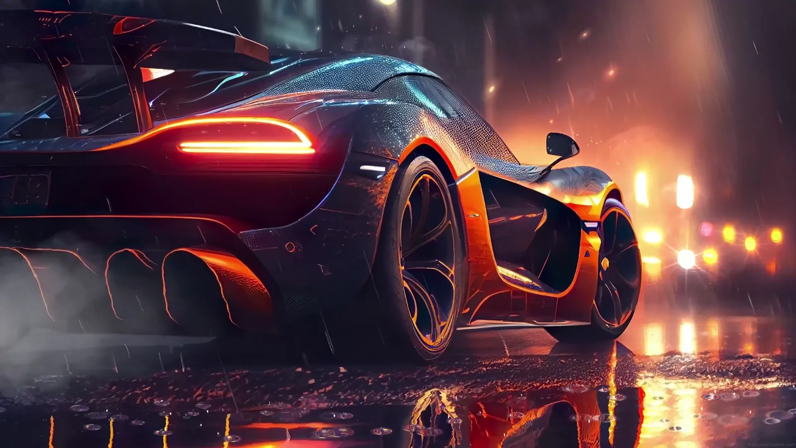 Rear view of a McLaren P1 glowing red and orange in night rain