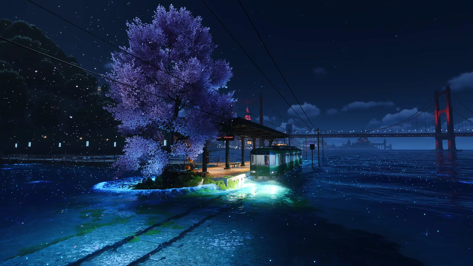 Blue sakura tree beside a midnight train station