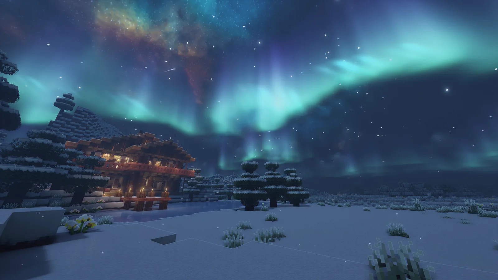 Snowy Minecraft cabin beneath turquoise auroras
