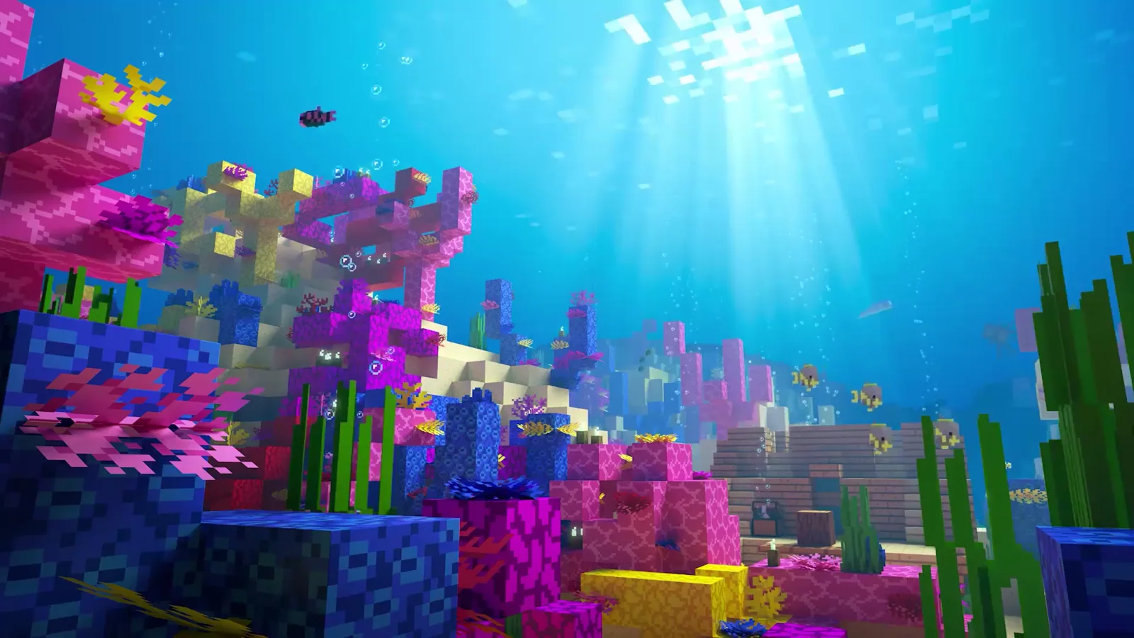 Colorful Minecraft coral reef beneath blue water and sunbeams