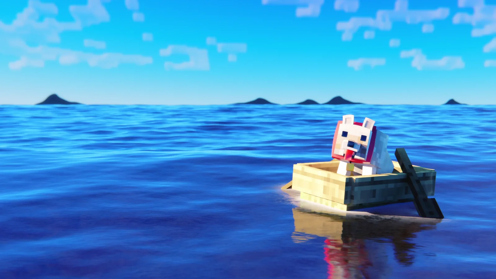 Minecraft dog riding a wooden boat across a blue ocean