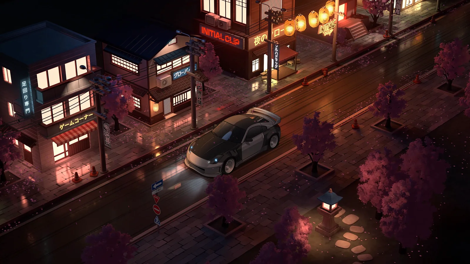 Elevated Japanese night streets with lanterns, shops, and a torii gate
