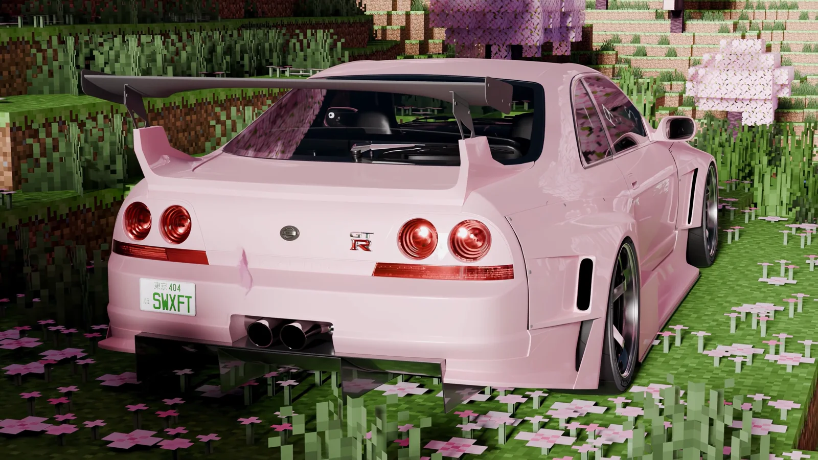 Pink Nissan Skyline R33 among Minecraft flowers