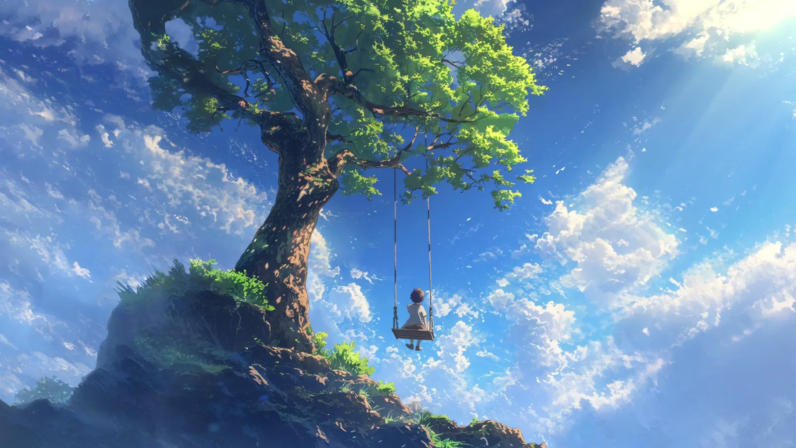 Tree swing hanging above clouds from a floating island