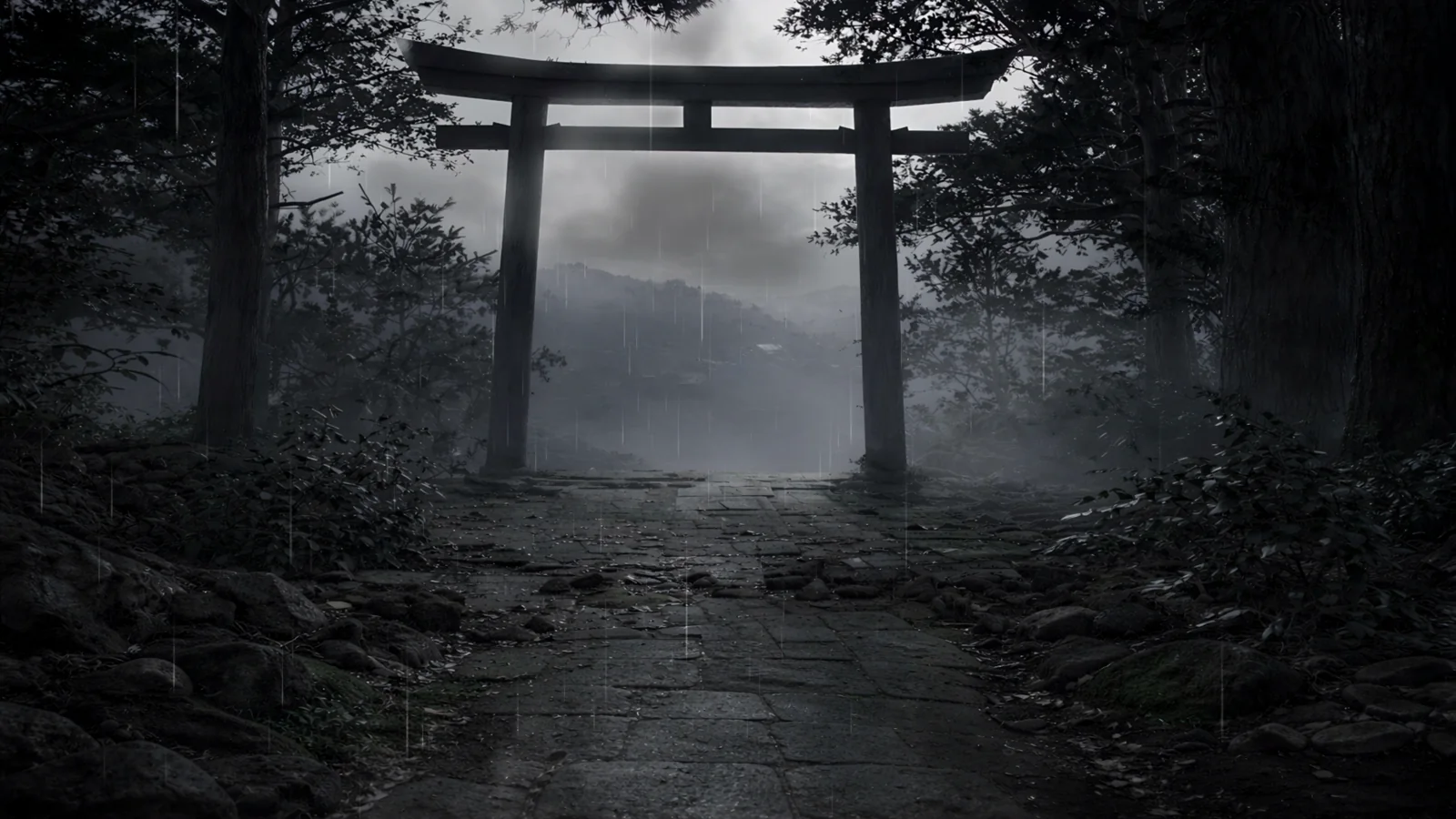 Rainy stone path leading through a torii gate in a dark forest