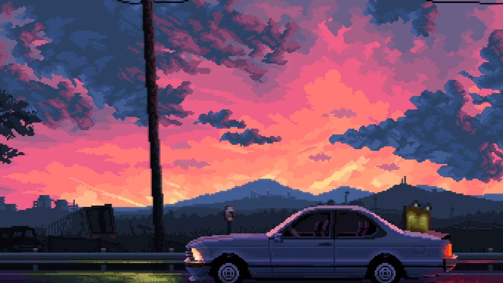 Silver pixel-art coupe beneath coral sunset clouds and navy mountains