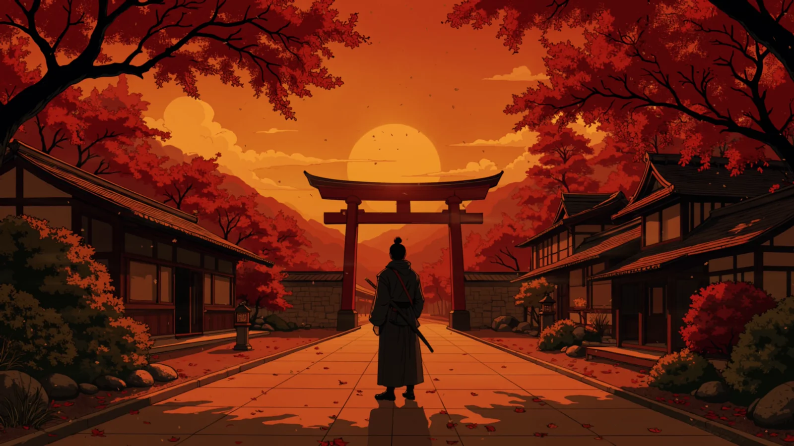 Samurai beneath a torii gate at sunset with red maple branches