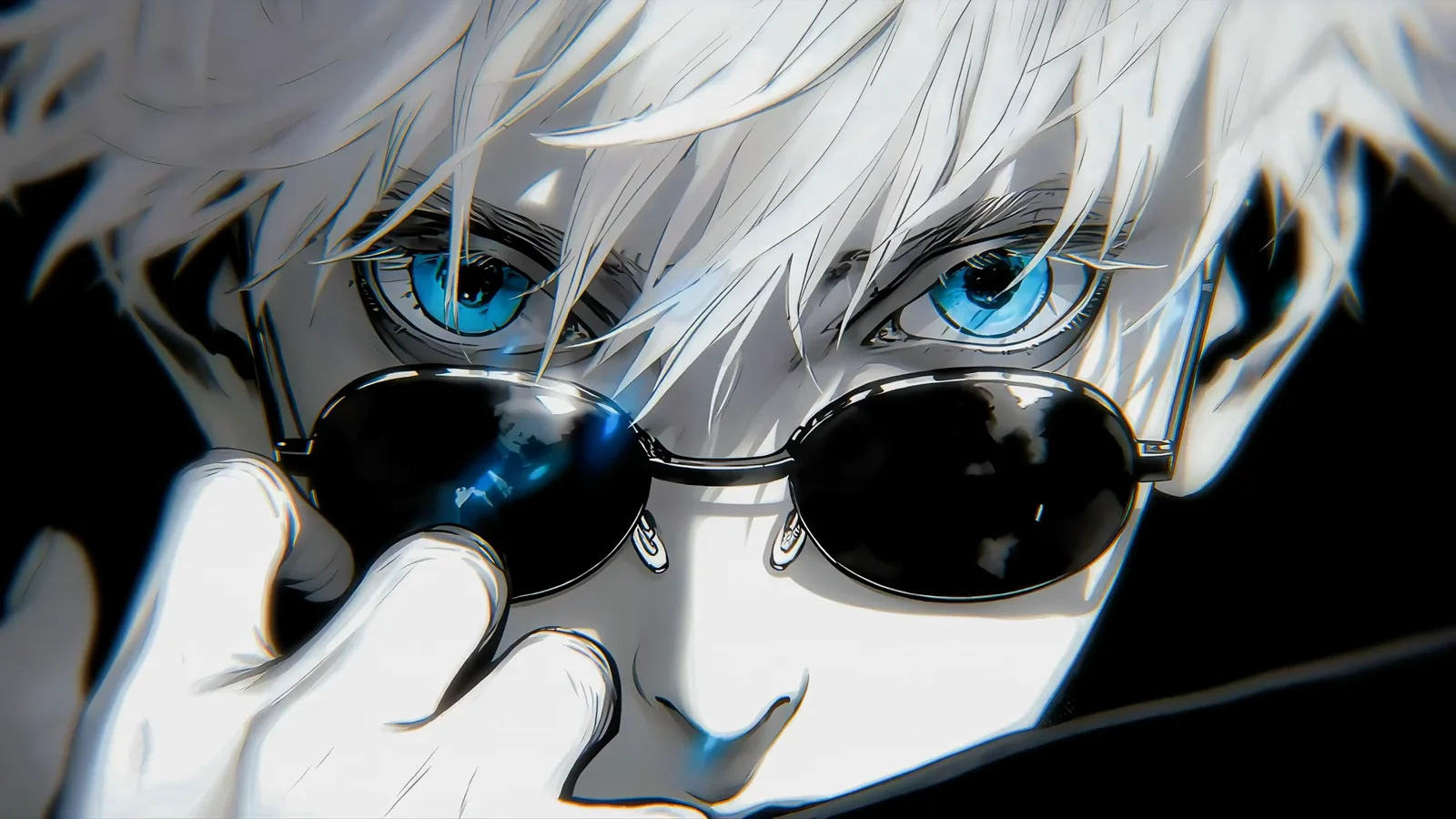 Satoru Gojo lowering sunglasses over glowing cyan eyes