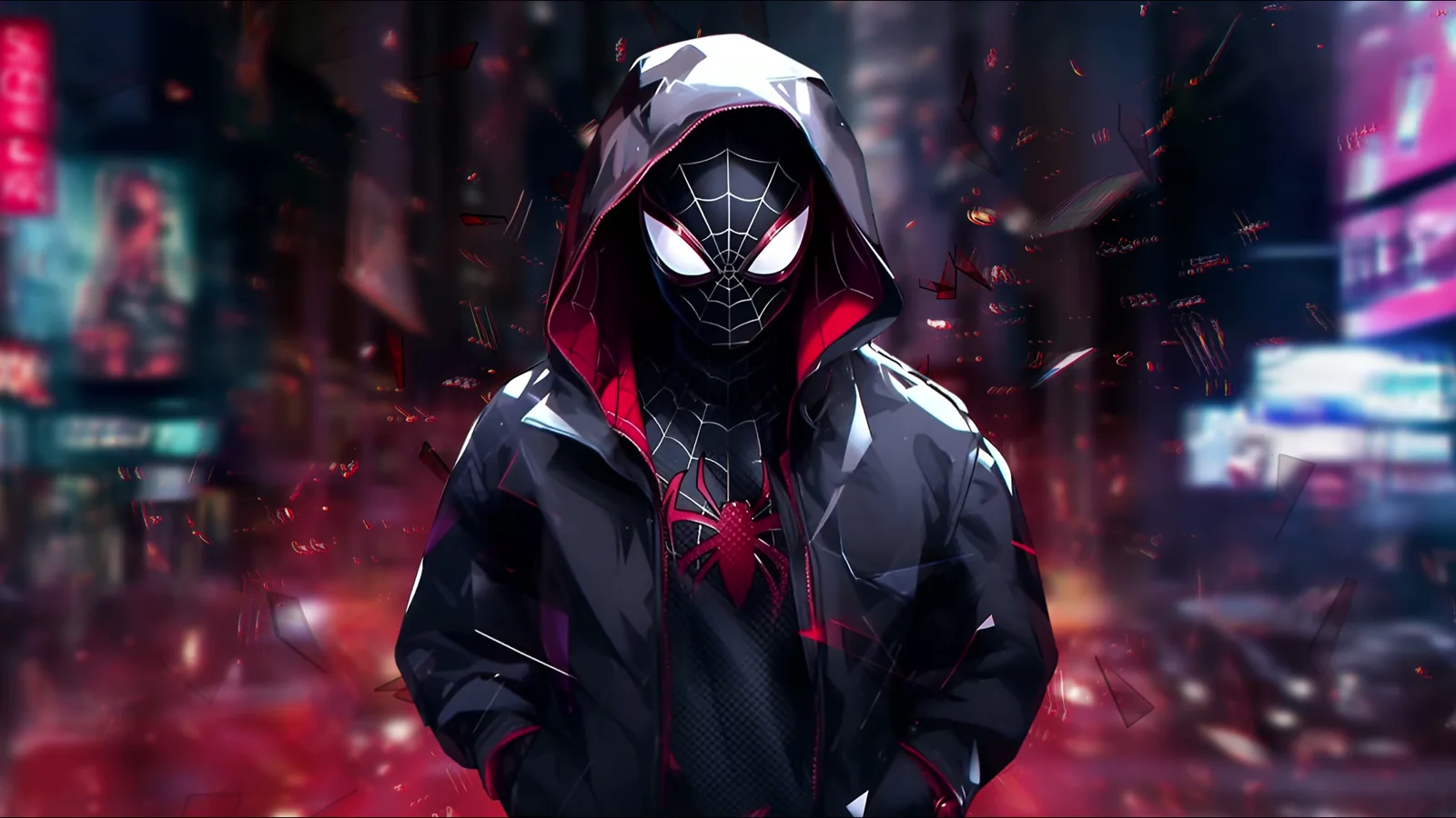 Hooded Spider-Man on a neon night street