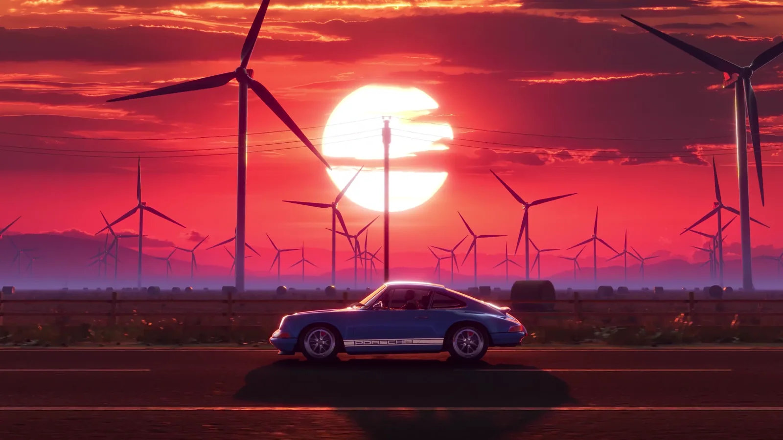 Car driving past wind turbines beneath a huge red sunset
