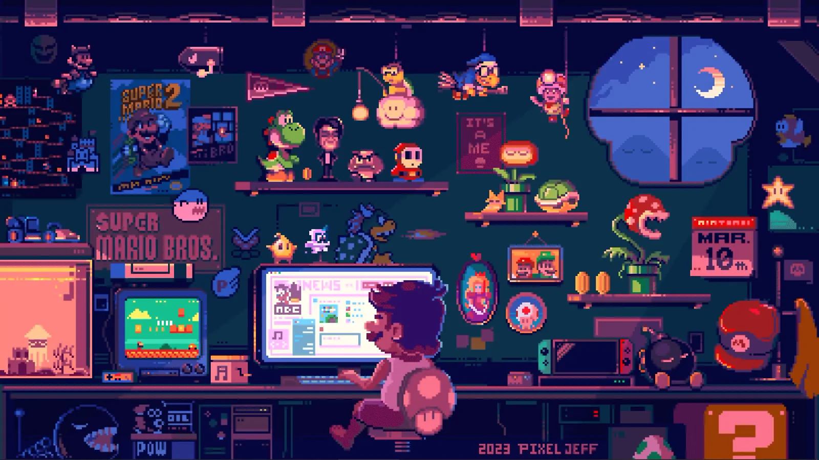 Colorful Super Mario pixel room filled with monitors, clocks, and toys