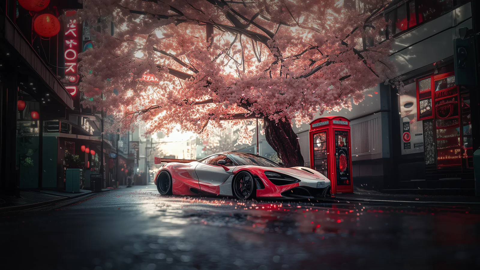 Red-and-black supercar beneath pink sakura blossoms on wet pavement