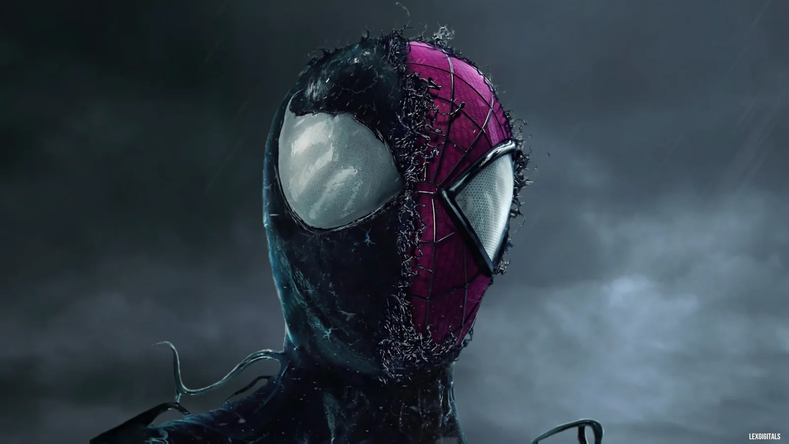 Symbiote Spider-Man transforming against storm clouds