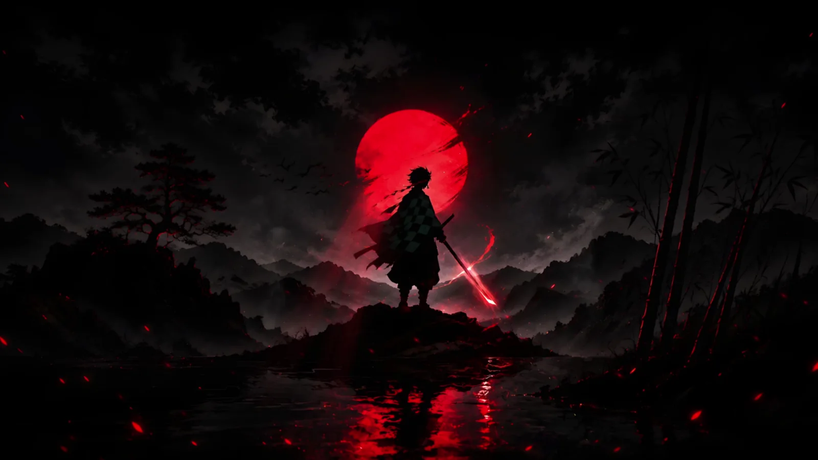 Tanjiro Kamado beneath a giant crimson moon