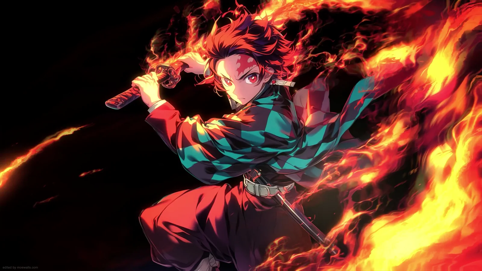 Tanjiro Kamado surrounded by a sweeping arc of orange fire