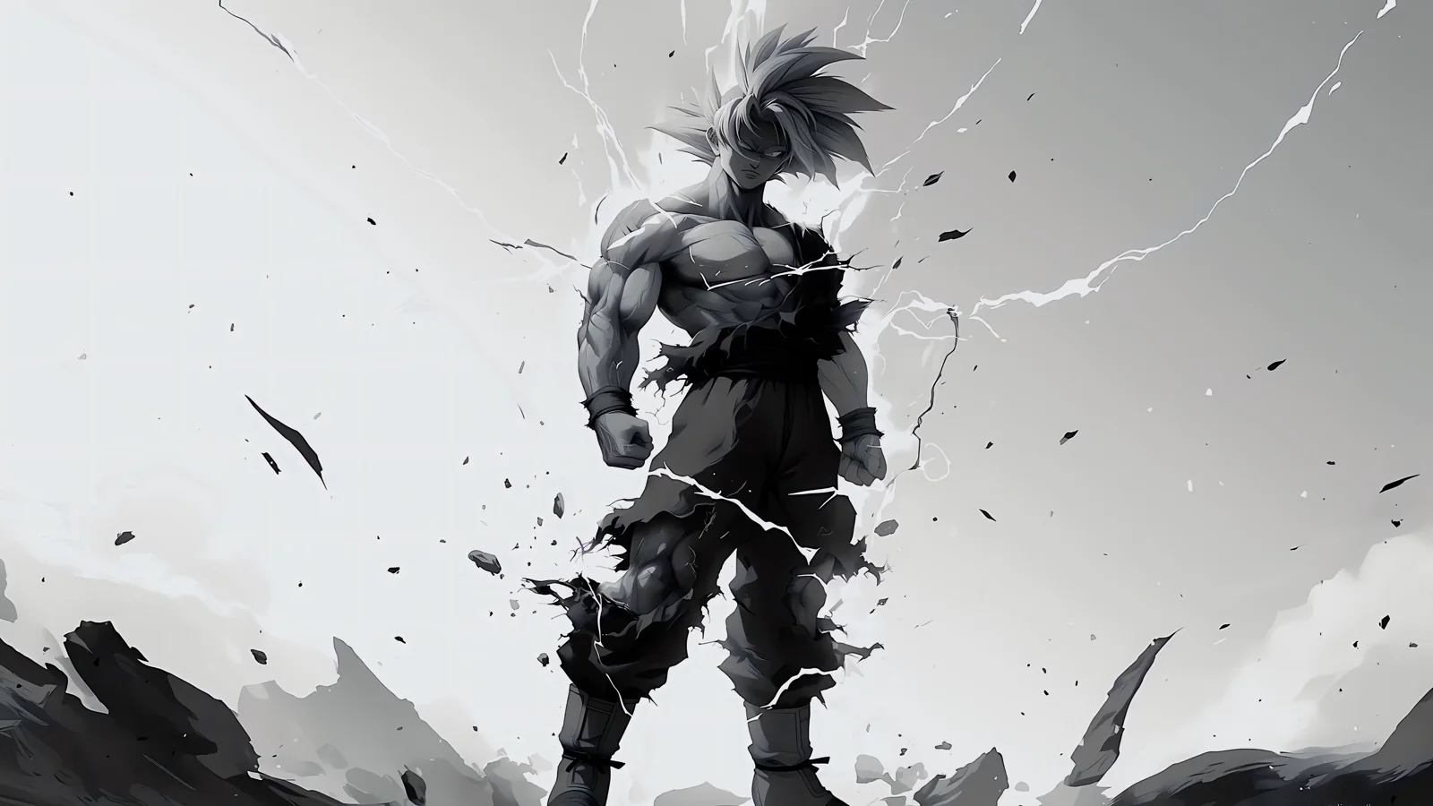 Ultra Instinct Goku standing amid white energy and drifting debris