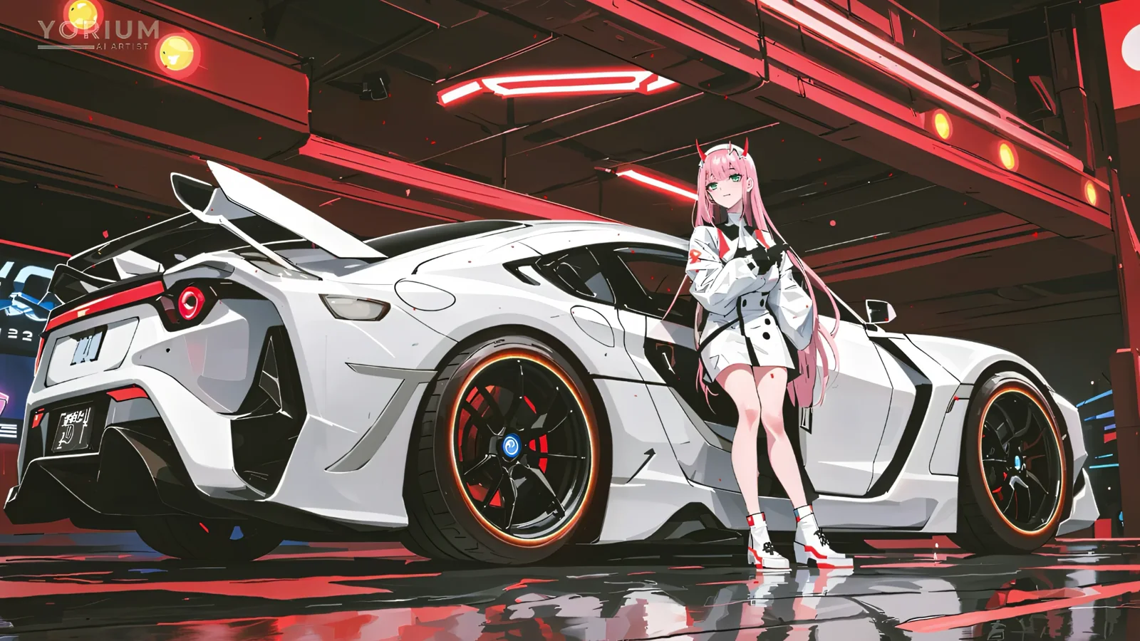 Zero Two beside a white Toyota GR 86