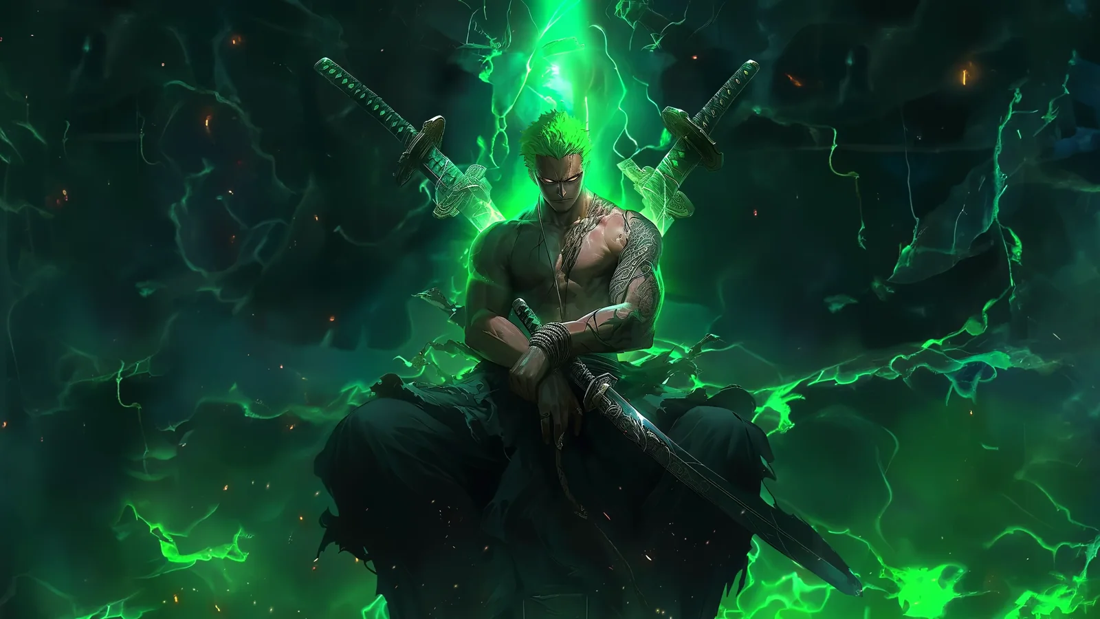 Zoro seated amid emerald lightning and green spectral smoke